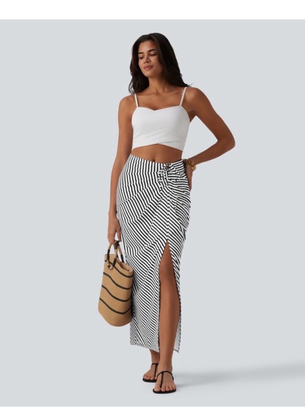 HALARA Black & White Striped Ruched Maxi Skirt with High Slit NWOT